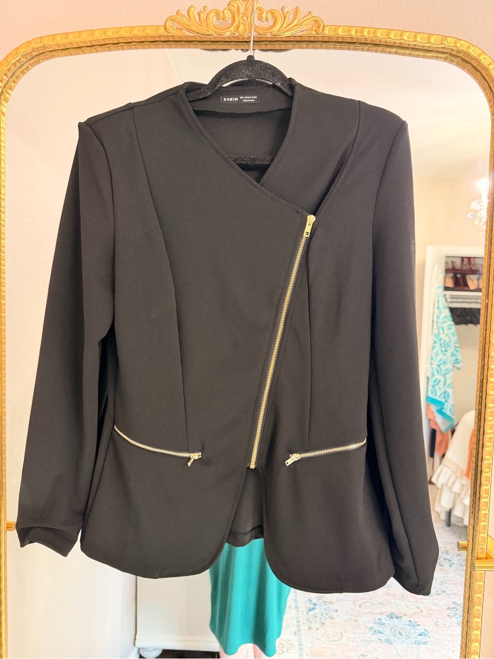 SHEIN Black Asymmetrical Zip Blazer with Gold Zippers